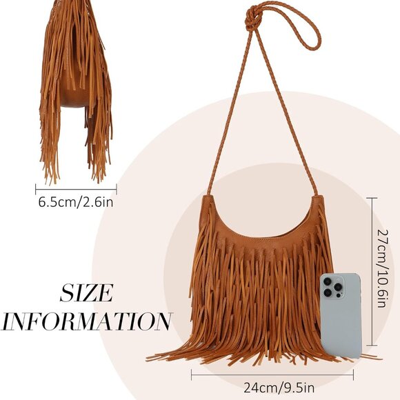 Vintage Fringe Hobo Bags for Women Vegan Leather Tassel Crossbody Bag Western Hi - Picture 2 of 8